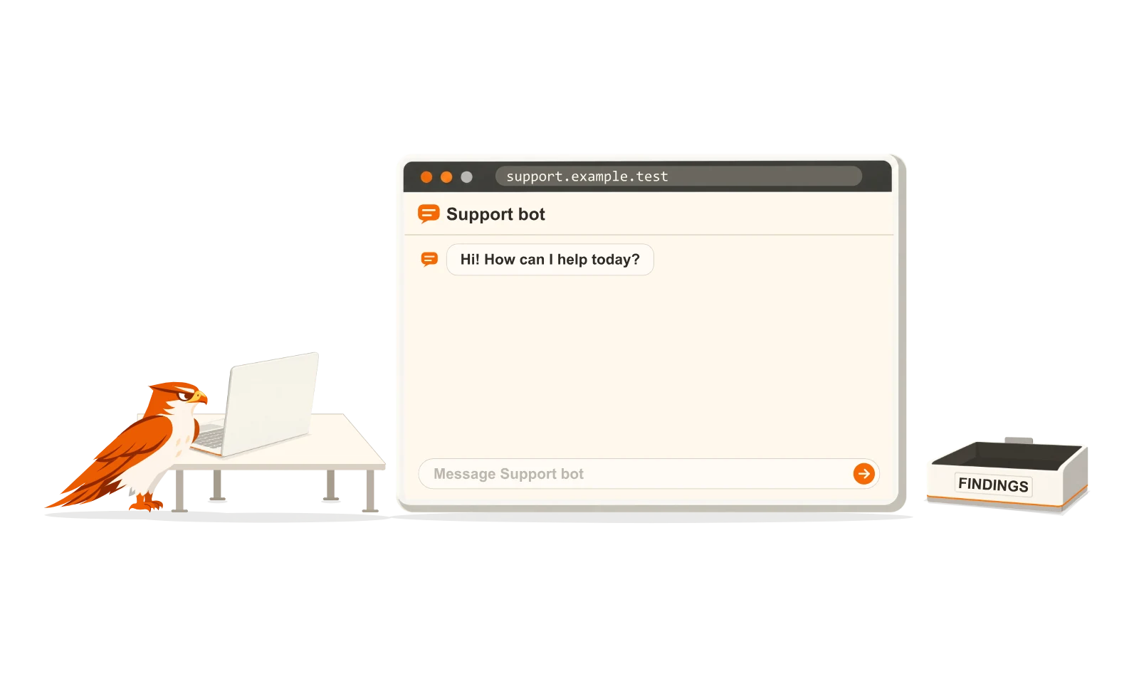 The eagle sends a support chatbot a prompt-injection test, the bot leaks an internal note, and the eagle files the finding. After the fix the same test is refused.