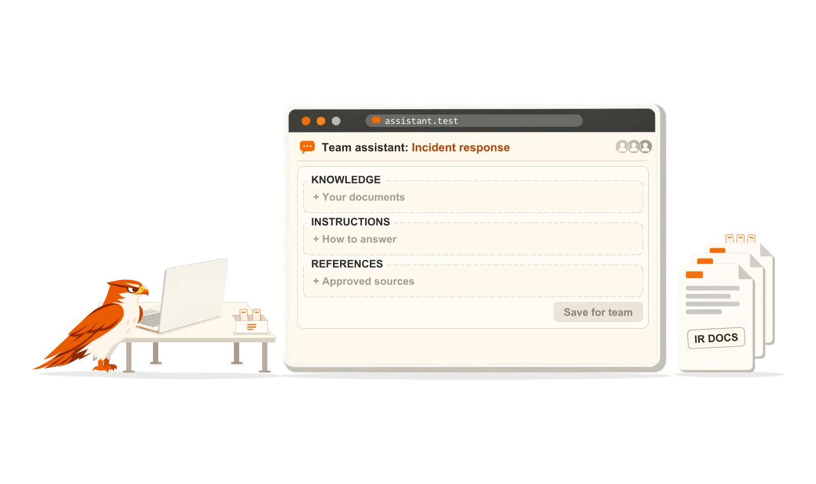 The eagle loads an incident response team’s log sources, runbooks and KQL reference into a team assistant, which then answers a question with a query that the eagle verifies.