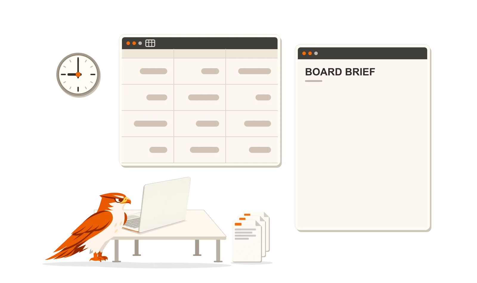 One eagle writes the same board brief twice. Without AI it copies spreadsheet values into the draft by hand while its clock runs for hours. The screens swap: with AI it picks Claude from four assistants, asks once and the brief drafts itself, then the eagle checks it and stamps it verified after twenty-five minutes.