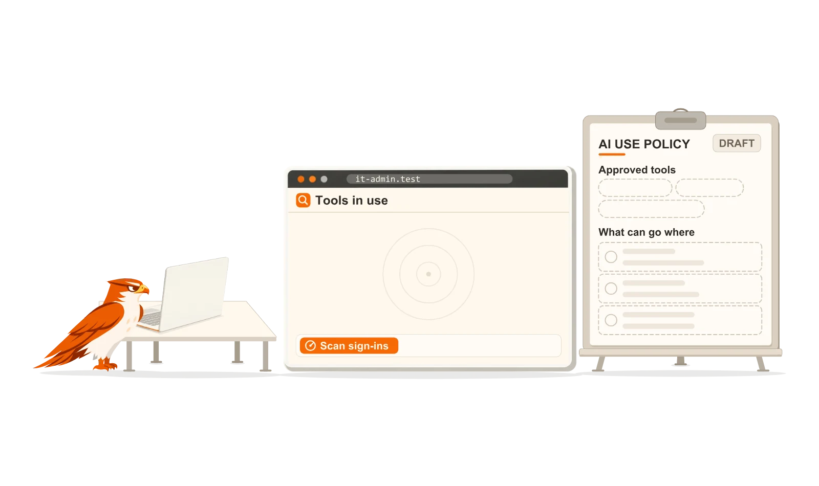 The eagle finds the AI tools staff already use, approves one, blocks a browser extension, and publishes a policy that answers whether customer data can be pasted into a tool.