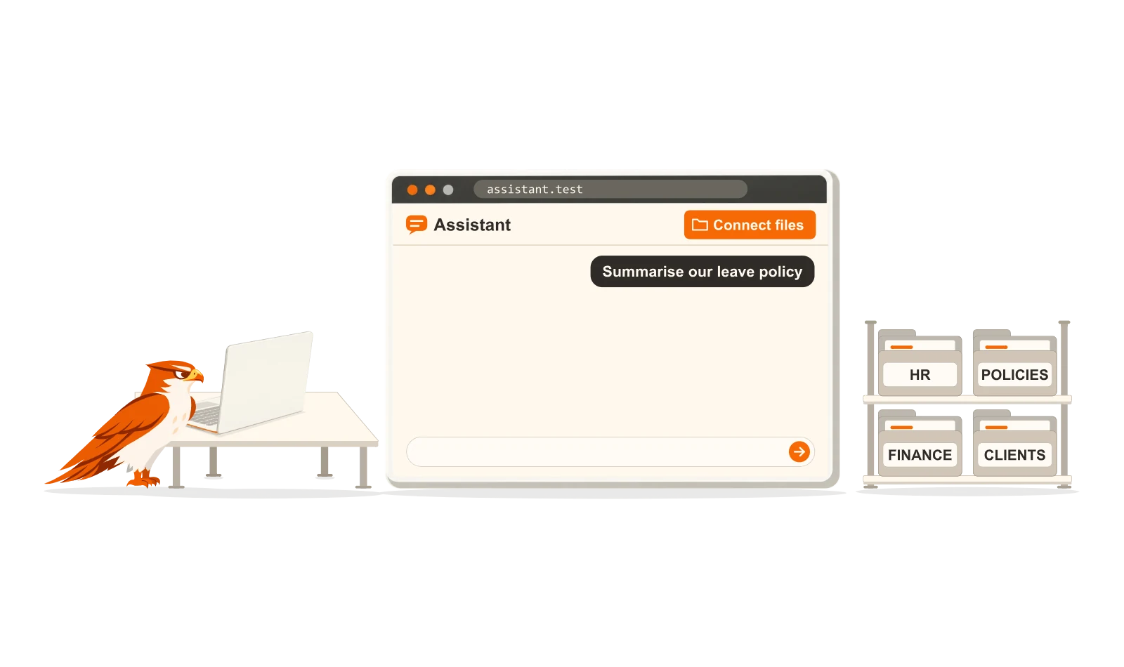 Before connecting an AI assistant to its files, the eagle switches off email and delete permissions and limits reading to the Policies folder, so the answer comes only from Policies.